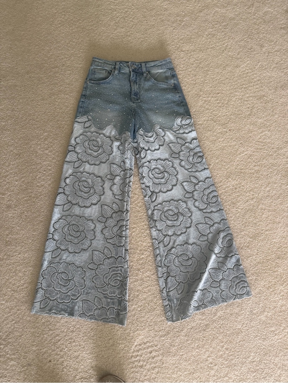 Light Blue Floral Lace Wide-Leg Jeans with Embellished Waist
